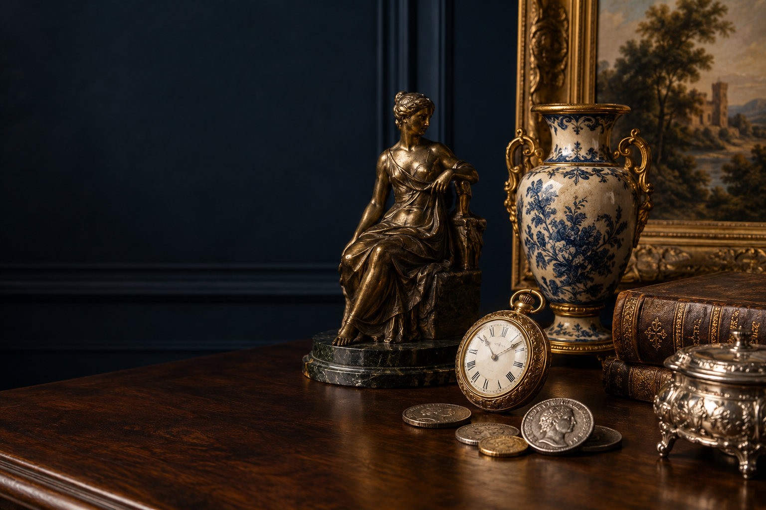 Sélection d'objets d'art anciens : bronze, montre, monnaies, vase et livres